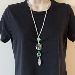 Jade Bead Turquoise Crystal Adjustable Cord Pendant Necklace